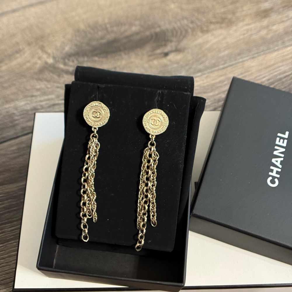 Chanel Gold CC Rue Cambon Coin Tassel Dangle Earrings